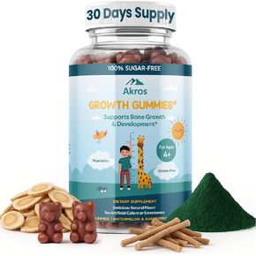 Akros Growth Gummies for Kids & Teens | Sugar-Free Calcium + Vitamin D3 & K2 Gummies - Height & Bone Support | Ashwagandha, Spirulina, L-Arginine | Non-GMO, Gluten-Free, 60 Raspberry-Watermelon Bears in Saudi Arabia