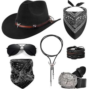 Cowboy Costume Outfit for Men Women Cowboy Hat Accessories Set, Black Western Outfit with Buckle Belt, Bandanas, Sunglasses, Necktie, Mask and Bracelet, Rodeo Halloween Cosplay Party Outfit Kit (7pcs) in Saudi Arabia