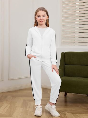 Haloumoning Girls 2 Piece Outfits Sweatsuit Kids Athletic Zip Up Hoodie and Sweatpants Clothing Sets 5-14Y in Saudi Arabia