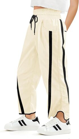 Haloumoning Girls Baggy Wide Leg Pants Kids Striped Elastic Waist Parachute Track Pants with Pockets 5-14 Years in Saudi Arabia