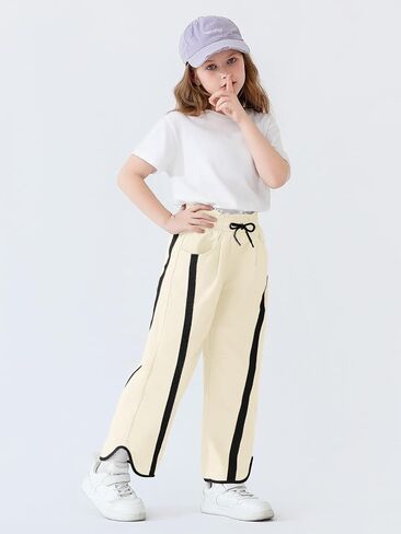 Haloumoning Girls Baggy Wide Leg Pants Kids Striped Elastic Waist Parachute Track Pants with Pockets 5-14 Years in Saudi Arabia