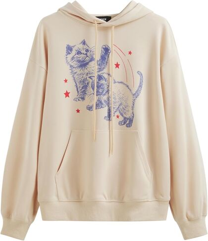 CIDER Cute Cat Graphic Hoodie Womens Long Sleeve Going Out Pullover Sweatshirt Casual Loose Fit Beige in Saudi Arabia