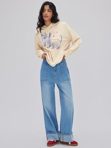 CIDER Cute Cat Graphic Hoodie Womens Long Sleeve Going Out Pullover Sweatshirt Casual Loose Fit Beige in Saudi Arabia