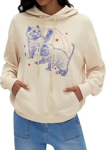 CIDER Cute Cat Graphic Hoodie Womens Long Sleeve Going Out Pullover Sweatshirt Casual Loose Fit Beige in Saudi Arabia