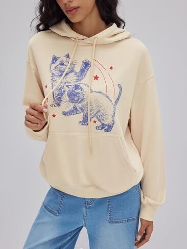 CIDER Cute Cat Graphic Hoodie Womens Long Sleeve Going Out Pullover Sweatshirt Casual Loose Fit Beige in Saudi Arabia
