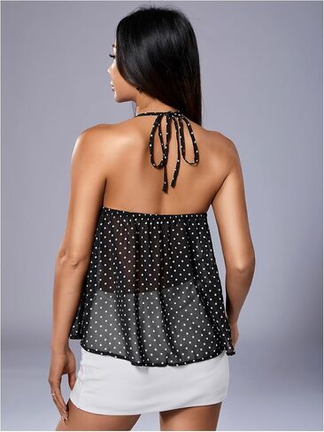 Milumia Women's Polka Dots Halter Top Lace Patchwork V Neck Flared Hem Shirt Summer Going Out Tops in Saudi Arabia