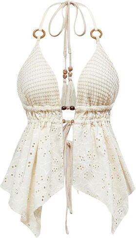 GORGLITTER Women's Boho Halter Top Beaded Eyelet Backless Ruffle Babydoll Tops 2025 Western Outfits in Saudi Arabia