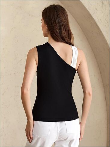 Women's Criss Cross Colorblock Tank Tops Asymmetrical Neck Sleeveless Cut Out Fitted Tops in Saudi Arabia