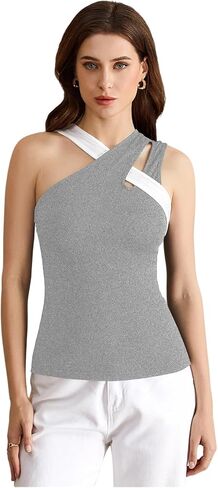 Women's Criss Cross Colorblock Tank Tops Asymmetrical Neck Sleeveless Cut Out Fitted Tops in Saudi Arabia