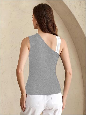 Women's Criss Cross Colorblock Tank Tops Asymmetrical Neck Sleeveless Cut Out Fitted Tops in Saudi Arabia