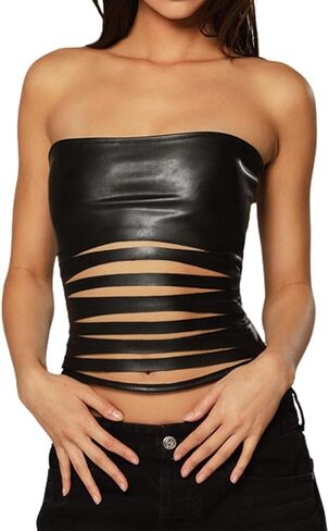 المرأة مثير الجوف خارج بولي Leather الجلود صديرية دائرية Y2k سليم صالح الصلبة عارية الذراعين سستة قطع حمالة تانك كلوبوير in Kuwait