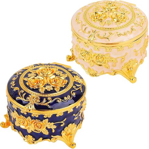 Framendino, 2 Pack Vintage Metal Round Jewelry Box for Ring Earring Necklace Small Decorative Blue White in Saudi Arabia