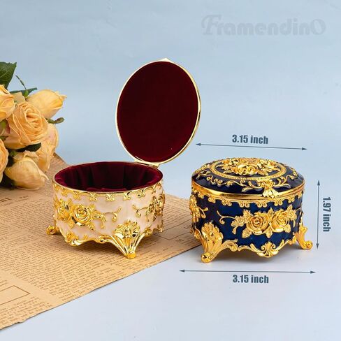 Framendino, 2 Pack Vintage Metal Round Jewelry Box for Ring Earring Necklace Small Decorative Blue White in Saudi Arabia