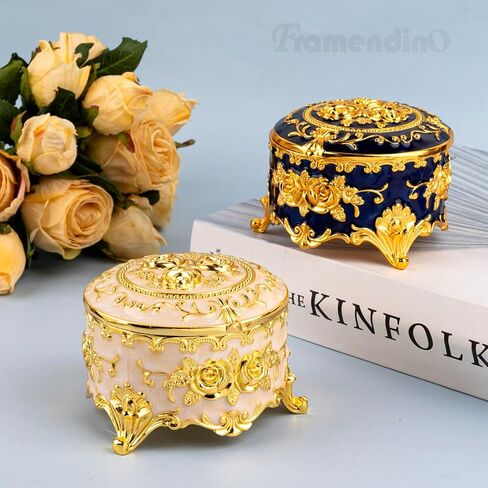 Framendino, 2 Pack Vintage Metal Round Jewelry Box for Ring Earring Necklace Small Decorative Blue White in Saudi Arabia