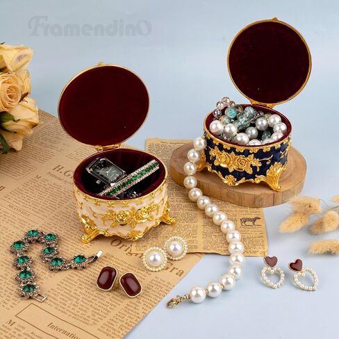 Framendino, 2 Pack Vintage Metal Round Jewelry Box for Ring Earring Necklace Small Decorative Blue White in Saudi Arabia