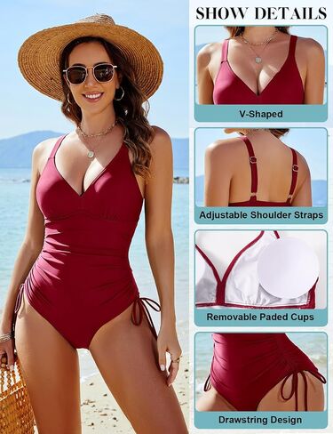 Women's One Piece Swimsuits Tummy Control Bathing Suits Sexy V Neck Push Up Slimming Swimwear with Side Drawstrings in Saudi Arabia