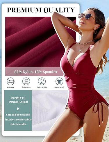 Women's One Piece Swimsuits Tummy Control Bathing Suits Sexy V Neck Push Up Slimming Swimwear with Side Drawstrings in Saudi Arabia