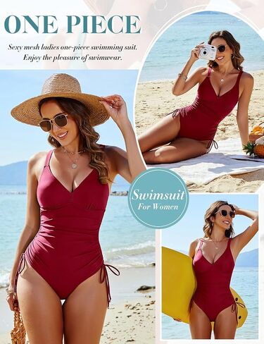 Women's One Piece Swimsuits Tummy Control Bathing Suits Sexy V Neck Push Up Slimming Swimwear with Side Drawstrings in Saudi Arabia
