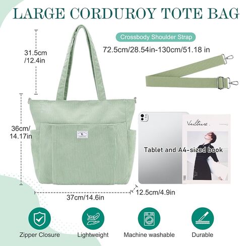 VX VONXURY Large Corduroy Tote Bag for Women, Shoulder Bag with Multi Pockets Lightweight Handbag for Work College Travel in Saudi Arabia