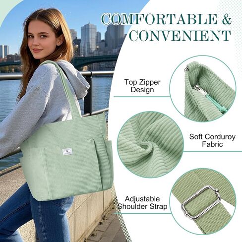 VX VONXURY Large Corduroy Tote Bag for Women, Shoulder Bag with Multi Pockets Lightweight Handbag for Work College Travel in Saudi Arabia
