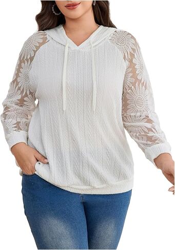 SOLY HUX Women's Plus Size Lace Long Sleeve Hoodies Hooded Sweatshirts Casual Loose Pullover Tops in Saudi Arabia