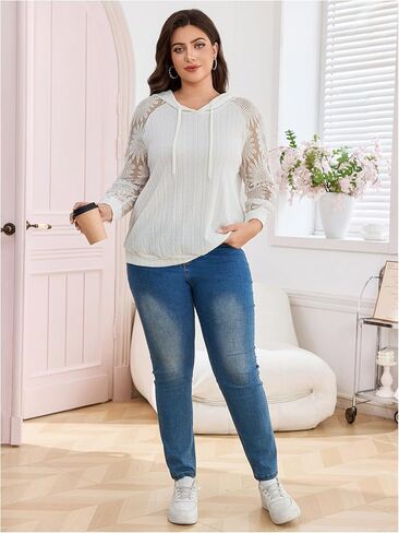 SOLY HUX Women's Plus Size Lace Long Sleeve Hoodies Hooded Sweatshirts Casual Loose Pullover Tops in Saudi Arabia