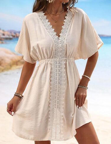 Women Swimsuit Cover Up Beach Bathing Suit Sexy Swimwear Bikini Short Sleeve Crochet Dress Hollow Out Swim Coverups in Saudi Arabia