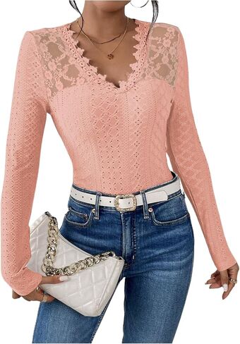 SOLY HUX Women's Lace Trim Tee Shirt Long Sleeve Eyelet Tops Casual V Neck Slim Fit Shirts Fall Outfit Clothes in Saudi Arabia