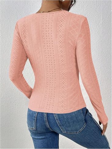 SOLY HUX Women's Lace Trim Tee Shirt Long Sleeve Eyelet Tops Casual V Neck Slim Fit Shirts Fall Outfit Clothes in Saudi Arabia