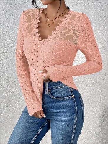 SOLY HUX Women's Lace Trim Tee Shirt Long Sleeve Eyelet Tops Casual V Neck Slim Fit Shirts Fall Outfit Clothes in Saudi Arabia