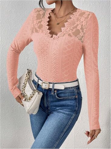 SOLY HUX Women's Lace Trim Tee Shirt Long Sleeve Eyelet Tops Casual V Neck Slim Fit Shirts Fall Outfit Clothes in Saudi Arabia