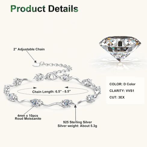 4mm Moissanite Link Bracelet for Women, 3.0cttw D Color VVS1 925 Sterling Silver Adjustable Dainty 10-Stones Bracelets for Wife Mom Birthday Jewelry Gifts in Saudi Arabia