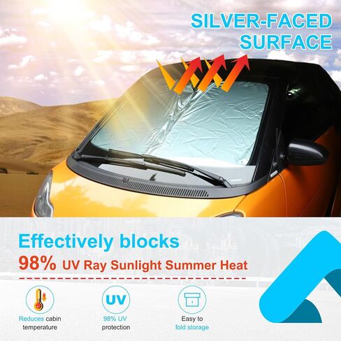Car Windshield Sunshade for Smart Fortwo/Forfour 453/451/450 (2009-2016) - Foldable Reflective Sun Visor Protector, UV Rays & Heat Shield, Custom Fit Front Window Sunshade (Silver - Memory Wire) in Saudi Arabia