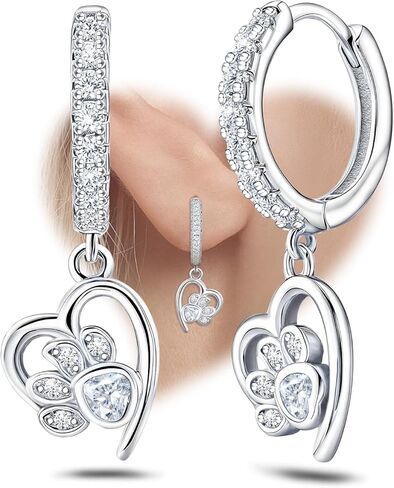 Black Heart Print Earrings for Women Sterling Silver Cute Pet Puppy Cat Dog Paw Print Hoop Earrings Hypoallergenic White Cubic Zirconia Loop Earrings Dainty Heart-Shaped Earring for Christmas Birthday in Saudi Arabia