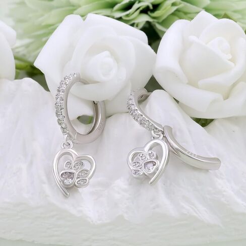 Black Heart Print Earrings for Women Sterling Silver Cute Pet Puppy Cat Dog Paw Print Hoop Earrings Hypoallergenic White Cubic Zirconia Loop Earrings Dainty Heart-Shaped Earring for Christmas Birthday in Saudi Arabia