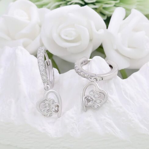 Black Heart Print Earrings for Women Sterling Silver Cute Pet Puppy Cat Dog Paw Print Hoop Earrings Hypoallergenic White Cubic Zirconia Loop Earrings Dainty Heart-Shaped Earring for Christmas Birthday in Saudi Arabia