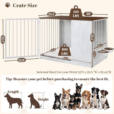 Dog Crate Furniture with Cushion for Large Dogs, 36" Indoor Wooden Dog Kennel with 270° Swivel Door, 360° Rotating Feeder, Decorative Heavy Duty Dog House with Double Locks & Bowls, Rustic Brown in Kuwait