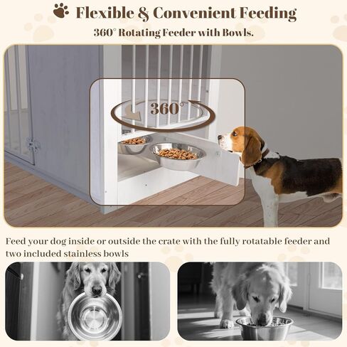 Dog Crate Furniture with Cushion for Large Dogs, 36" Indoor Wooden Dog Kennel with 270° Swivel Door, 360° Rotating Feeder, Decorative Heavy Duty Dog House with Double Locks & Bowls, Rustic Brown in Kuwait