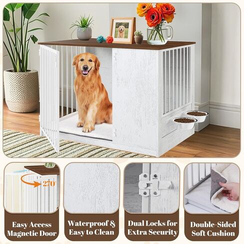 Dog Crate Furniture with Cushion for Large Dogs, 36" Indoor Wooden Dog Kennel with 270° Swivel Door, 360° Rotating Feeder, Decorative Heavy Duty Dog House with Double Locks & Bowls, Rustic Brown in Kuwait