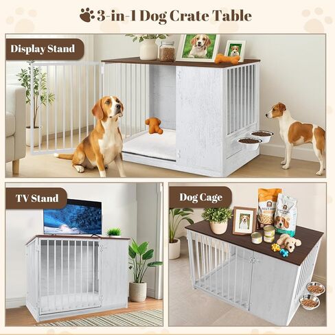 Dog Crate Furniture with Cushion for Large Dogs, 36" Indoor Wooden Dog Kennel with 270° Swivel Door, 360° Rotating Feeder, Decorative Heavy Duty Dog House with Double Locks & Bowls, Rustic Brown in Kuwait