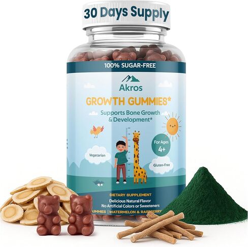 Akros Growth Gummies for Kids & Teens | Sugar-Free Calcium + Vitamin D3 & K2 Gummies - Height & Bone Support | Ashwagandha, Spirulina, L-Arginine | Non-GMO, Gluten-Free, 60 Raspberry-Watermelon Bears in Saudi Arabia
