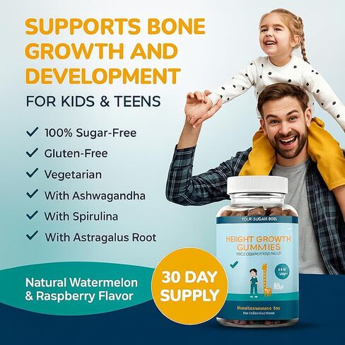 Akros Growth Gummies for Kids & Teens | Sugar-Free Calcium + Vitamin D3 & K2 Gummies - Height & Bone Support | Ashwagandha, Spirulina, L-Arginine | Non-GMO, Gluten-Free, 60 Raspberry-Watermelon Bears in Saudi Arabia