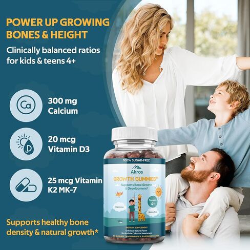 Akros Growth Gummies for Kids & Teens | Sugar-Free Calcium + Vitamin D3 & K2 Gummies - Height & Bone Support | Ashwagandha, Spirulina, L-Arginine | Non-GMO, Gluten-Free, 60 Raspberry-Watermelon Bears in Saudi Arabia