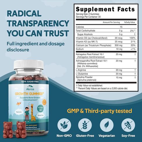 Akros Growth Gummies for Kids & Teens | Sugar-Free Calcium + Vitamin D3 & K2 Gummies - Height & Bone Support | Ashwagandha, Spirulina, L-Arginine | Non-GMO, Gluten-Free, 60 Raspberry-Watermelon Bears in Saudi Arabia
