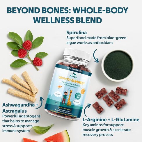Akros Growth Gummies for Kids & Teens | Sugar-Free Calcium + Vitamin D3 & K2 Gummies - Height & Bone Support | Ashwagandha, Spirulina, L-Arginine | Non-GMO, Gluten-Free, 60 Raspberry-Watermelon Bears in Saudi Arabia