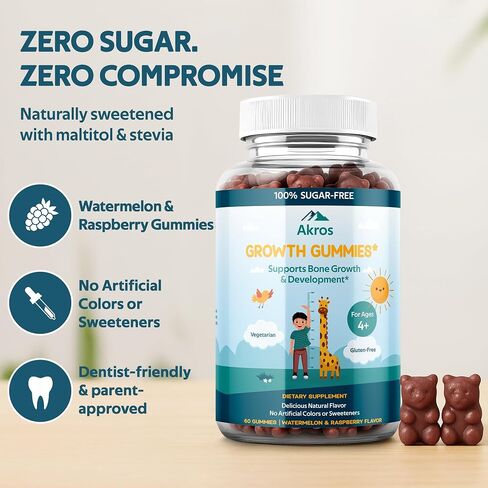 Akros Growth Gummies for Kids & Teens | Sugar-Free Calcium + Vitamin D3 & K2 Gummies - Height & Bone Support | Ashwagandha, Spirulina, L-Arginine | Non-GMO, Gluten-Free, 60 Raspberry-Watermelon Bears in Saudi Arabia