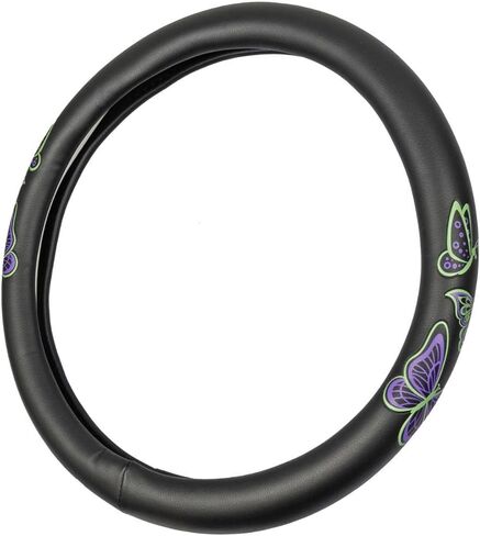 قبضة مريحة من BDK GripGrab - فراشات أرجوانية وخضراء على غطاء عجلة القيادة من الجلد الصناعي الأسود مقاس 15 بوصة in Kuwait