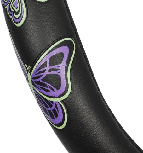 قبضة مريحة من BDK GripGrab - فراشات أرجوانية وخضراء على غطاء عجلة القيادة من الجلد الصناعي الأسود مقاس 15 بوصة in Kuwait