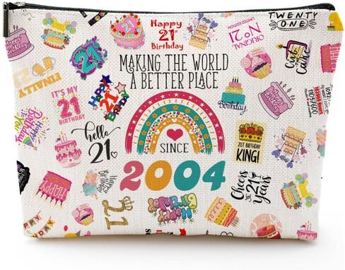 هدايا عيد الميلاد الحادي والعشرون لحقيبة مكياجها، ديكورات لطيفة لعيد الميلاد الحادي والعشرين السعيد لعام 2004 لها، هدايا عيد ميلاد عمرها 21 عامًا تفضل الحفلات لابنتها، أختها، أنثى، الفتيات المراهقات، حقيبة سفر لمستحضرات التجميل in Kuwait