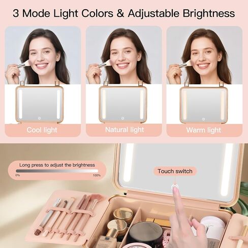 حقيبة مكياج BEAUTY CASE مع مرآة LED 4K، حقيبة تنظيم مستحضرات التجميل بغطاء صلب ABS مقاوم للصدمات مقاس 12 بوصة، صندوق مستحضرات تجميل محمول للسفر مع إطار من الألومنيوم، مشبك تثبيت، هدية للنساء والفتيات، وردي in Saudi Arabia